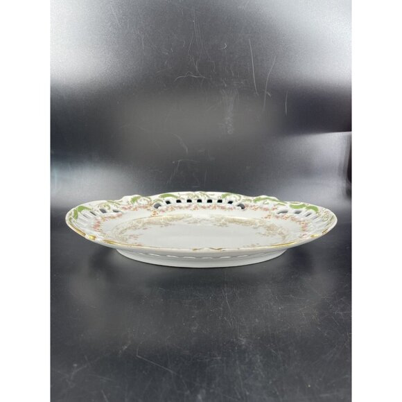 MONTMERY ST CLOUD SERVING PLATTER TRAY DISH RETICULATED FLORAL GOLD GREEN ANTIQ - Picture 2 of 12